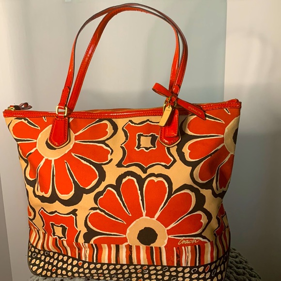 Coach Handbags - Coach 16x12 Red Blush Pink and Black Floral Shoulder Bag. Canvas and Red Patent